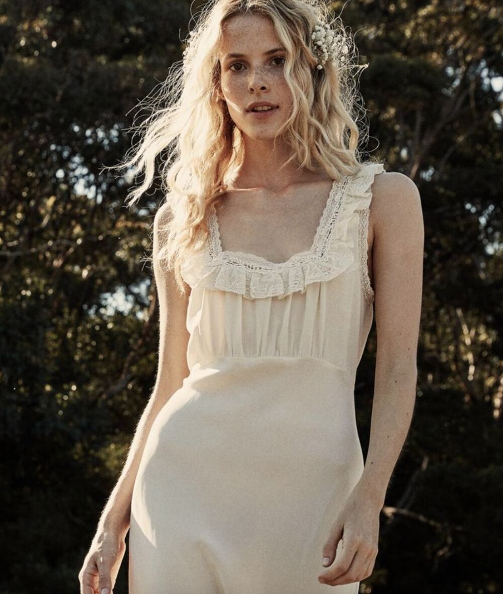 Doen | Valencia 100% Silk Lace Bias Cut Bridal Maxi Dress in Nutmilk Ivory M